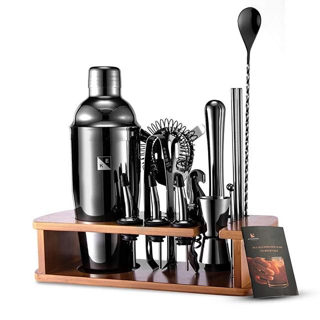 KITESSENSU Cocktail Shaker Set Bartender Kit with Stand | Bar Kit Drink Mixer Set for Drink Mixing - Bar Tools: Martini Shaker, Jigger, Strainer, Mixer Spoon, Muddler, Liquor Pourers, More | Black