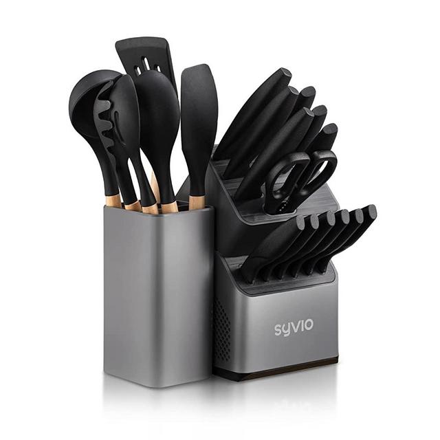 syvio Knife Sets for Kitchen with Block and 6 PCS Kitchen Utensils Set, Knives Set for Kitchen 15 Pieces with Built-in Sharpener, Utensils Holder for Storing Kitchen Tools