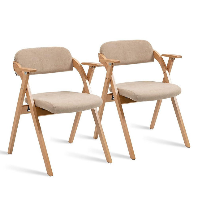 HOMEFUN Folding Chairs with Armrest, Wooden Stackable Foldable Dining Chair with Padded Seats Set of 2 Extra for Guests Kitchen Office Wedding Party, Khaki