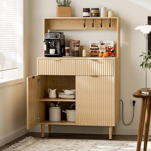 LCRBOL Coffee Bar Cabinet with Storage, Modern Sideboard with Drawers, Shelves, Outlet and Fluted-Door for Kitchen, Dinning Room, Living Room, Natural
