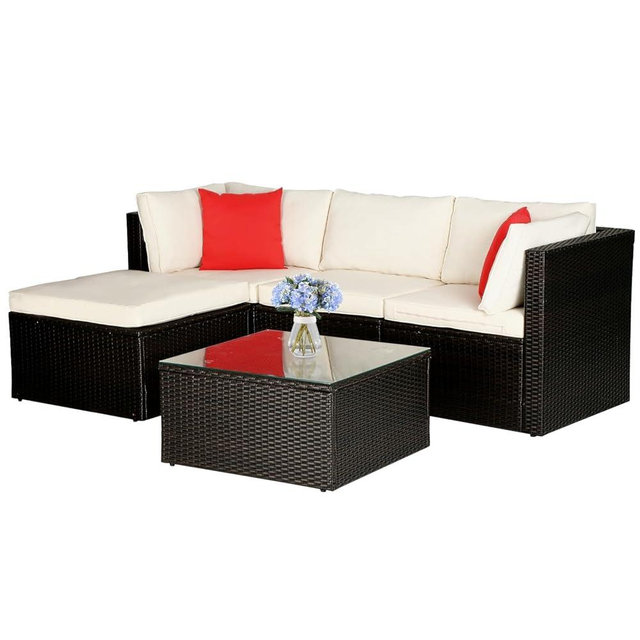 5 Pieces Patio Furniture Set Outdoor Sectional Furniture All Weather Outdoor Couch Rattan Sofas Deck Furniture with Sponge Cushion Headrest and Glass Table for Backyard Deck Poolside Yard Pool,Khaki