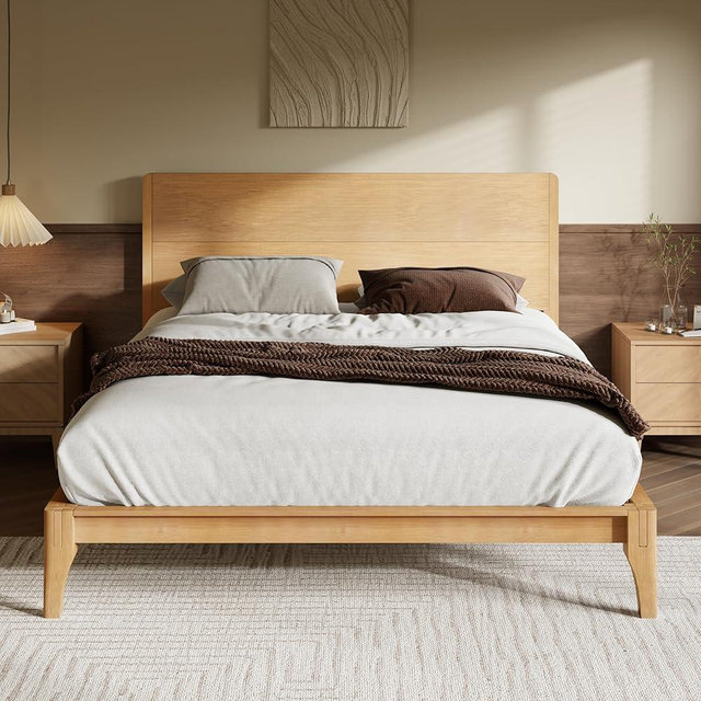 Merax Full Size Bamboo Platform Bed, Mid-Century Modern Bed Frame with Tall Headboard, Solid Sustainable Bedframe Full-size, Wood Slat Support, No Box Spring Needed, Easy Assembly, Noise Free, Natural