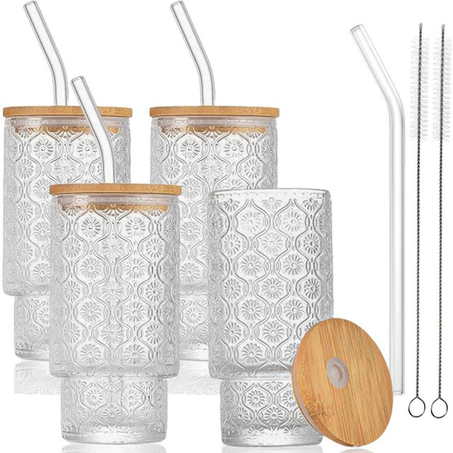 AVLA 4 Pack Drinking Glass Cups with Bamboo Lid and Straw, 12 OZ Vintage Stackable Highball Water Cup, Skinny Tall Collins Tumbler, Embossed Beverage Glassware for Iced Coffee Tea Mojito Juice Soda
