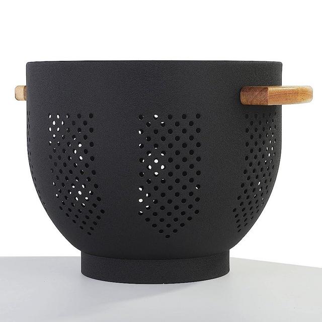 Metal Colander with Wood Handle and Stable Base, Powder Coated Steel Kitchen Strainer Basket for Draining Pasta, Vegetable and fruit (7 quart, Matte Black)