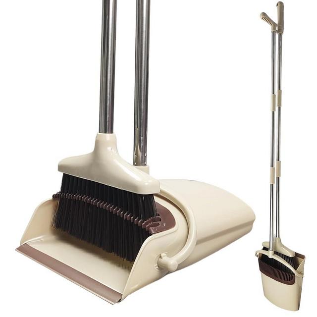 Broom and Dustpan Set for Home, Dust Pan with Long Handle 49.2" Broom with Dustpan Combo Set for Restaurant Kitchen Office Bedroom (Khaki)