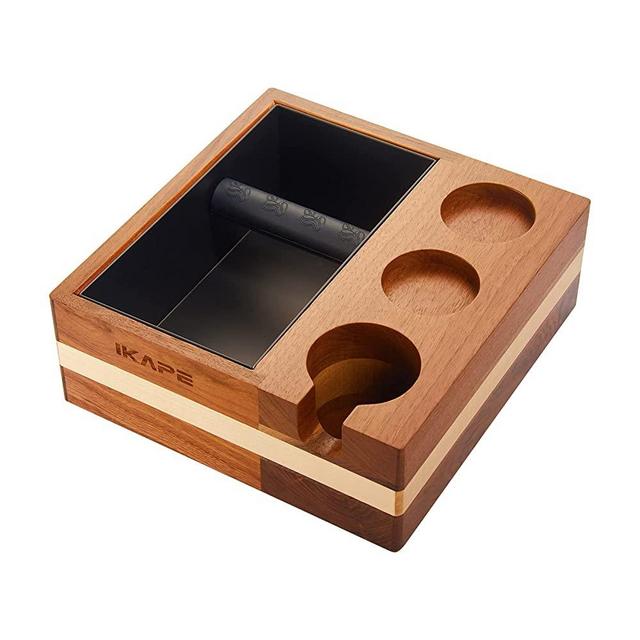 IKAPE Espresso Knock Box, 58MM Espresso Accessories Organizer Box Compatible with All Espresso Accessories, Natural Mahogany Tamping Station Base(4 IN One)