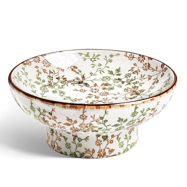 LE TAUCI 10" Ceramic Decorative Bowl, Key Bowl for Entryway, Handcrafted Sturdy Pedestal Bowl, French Country Fruit Bowl for Kitchen Counter, Centerpiece, Vine Green