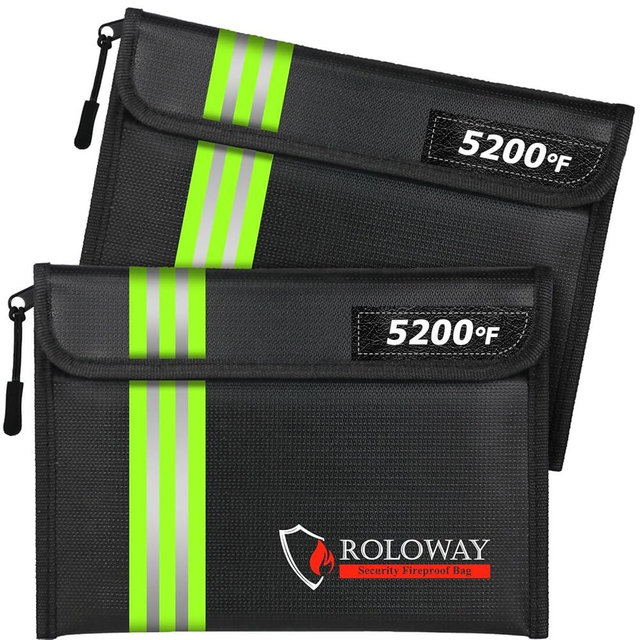 ROLOWAY Fireproof Bag (9.6 x 6.6 inches) 5200°F Heat Insulated with Reflective Strip, Fireproof Money Bag with Zipper for Cash, Fireproof Safe Bag, Fireproof Money Organizer for Cash (2-Pack Black)