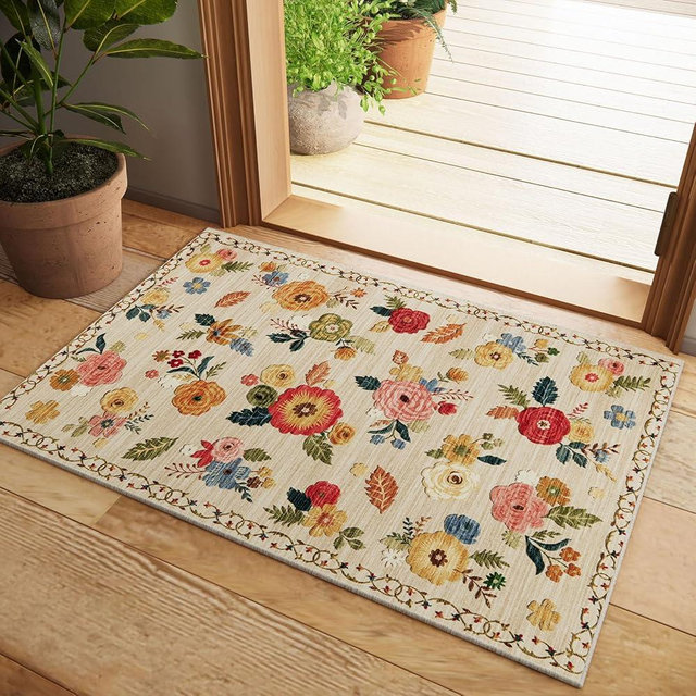 Washable Small Entryway Area Rugs: 2'x3' Floral Rug Non Slip Door Mat Indoor Entrance Stain Resistance Low Pile Throw Rugs for Inside Front Door Floor Bedroom Bedside Kitchen Nursery Dorm Home Entry