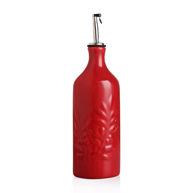 Sweejar Ceramic Olive Oil Dispenser Bottle, 20 Oz Relief Opaque Oil Cruet Protects Oil To Reduce Oxidation, Suitable for Storage Oil, Vinegar, Soy Sauce, Coffee Syrup, Liquids, Pack of 1 (Red)