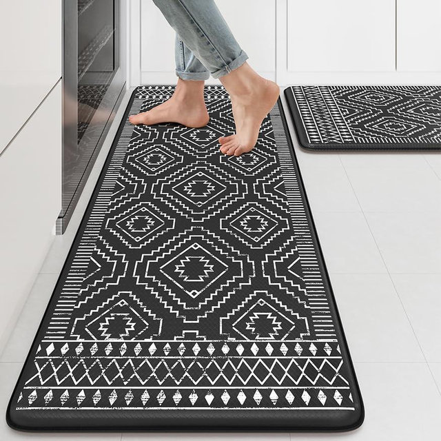 KIMODE Anti Fatigue Kitchen Mat,Black Boho Kitchen Rugs Non Slip Sets of 2,Kitchen mats for Floor Cushioned,Morocco Geometric Memory Foam Cushioned Standing Mats for Sink,Laundry,Office