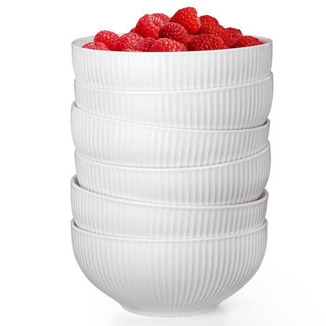 Artena Ceramic Cereal Bowls 26 oz, Embossment Soup Bowls Set of 6, White Salad Bowls for Kitchen, 6 inch Dinner Bowls for Breakfast, Oatmeal, Rice, Pasta, Dishwasher Microwave Oven Safe Bowls, Stripe