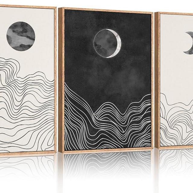 HLNIUC Black and White Abstract Wall Art Set of 3, Large Boho Framed Canvas Decor(16x24), Modern Celestial Sun Moon Painting, Geometric Line Mountain Art Print for Living Room, Bedroom, Office