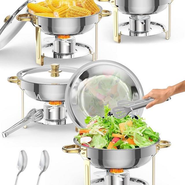 5QT 4 Packs Chafing Dish Buffet Set, NSF Round Stainless Steel Chafers and Warmers Food Servers Sets with Lid & Lid Holder, Spoon & Tweezer for Catering Events Parties Weddings Dinners, Gold