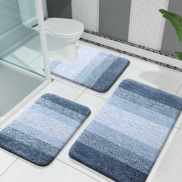 OLANLY Luxury Bathroom Rugs Sets 3 Piece, Soft Absorbent Microfiber Bath Rugs and U-Shaped Contour Toilet Rug, Non-Slip Bath Carpet, Bath Mat Sets for Bathroom (30"x20"+24"x16"+24"x20", Dark Blue)