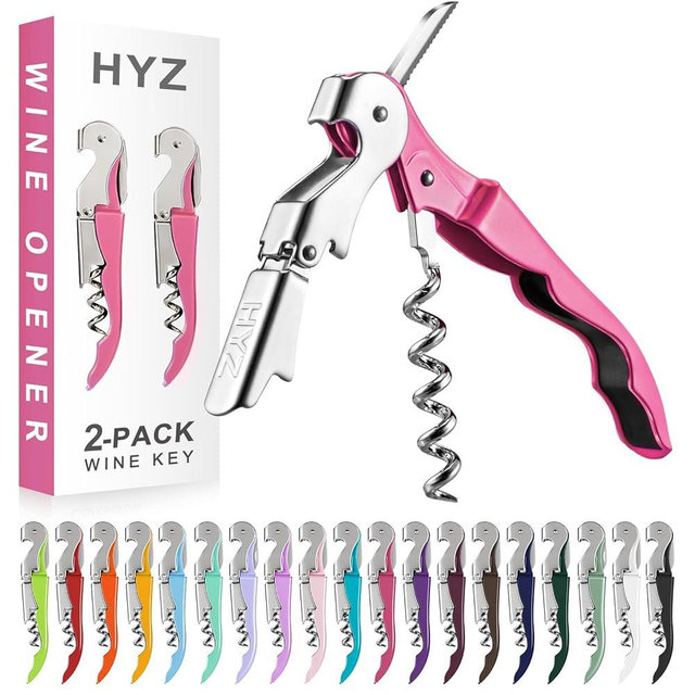 HYZ 2-Pack Wine Opener Waiter Corkscrew, Professional Wine Key for Servers, Bartender with Foil Cutter, Manual Wine Bottle Opener Double Hinged (Rosy)