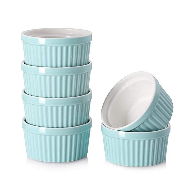 DOWAN 4 Oz Porcelain Ramekins, Serving Bowls for Souffle, Creme Brulee, Classic Style Ramekins for Baking, Set of 6, Turquoise.