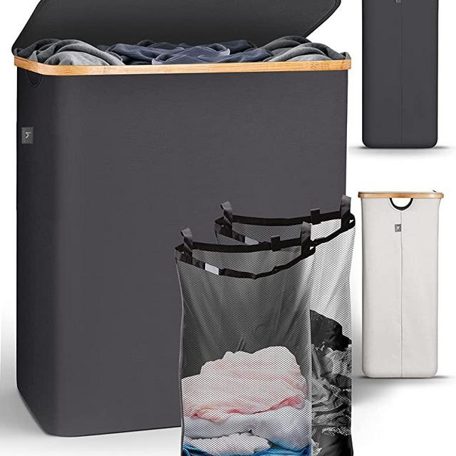 Hennez Laundry Basket With Lid - 140L Double Dirty Clothes Hamper With Removable Bag - Laundry Bin With Lid - Tall Laundry Hamper With Lid - Bathroom, Dorm, College Large Hamper for Laundry With Lid