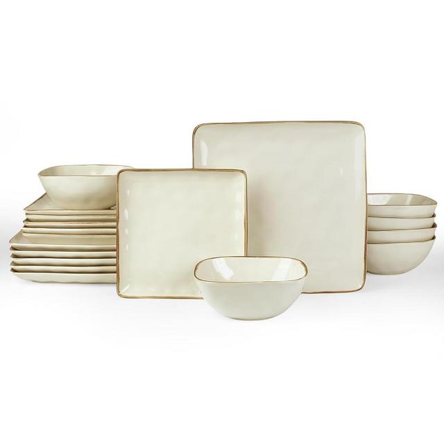 Famiware Ocean Square Plates and Bowls Set, 18 Pieces Dinnerware Sets, Dishes Set for 6, Microwave and Dishwasher Safe, Scratch Resistant, Vanilla White
