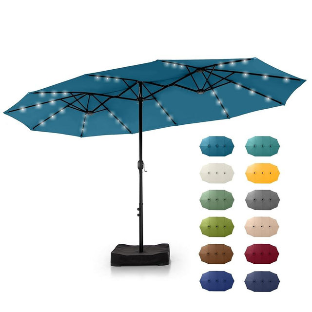 GREEN PARTY 15 ft Rectangle Patio Umbrella with Solar Lights and Base Included, Double-Sided Market Table Umbrella with Crank, Large Outdoor Umbrellas for Patio Poolside Garden Backyard, Cerulean