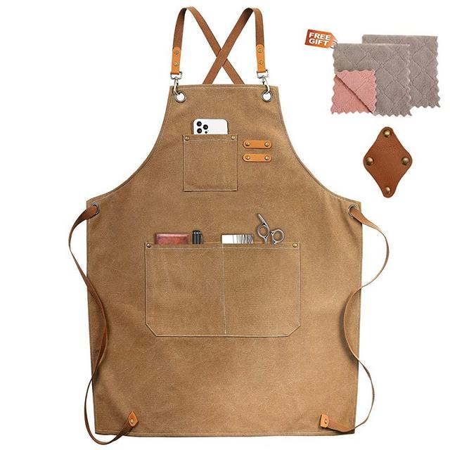 Chef Apron, Cotton Canvas Cross Back Apron with Pockets for Women and Men,Adjustable Strap and Large Pockets Apron,Kitchen Cooking Baking Bib Apron