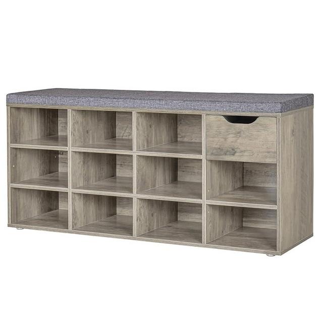 DINZI LVJ Shoe Bench, Entryway Storage Bench with Drawer and 11 Cubbies, Cubby Shoe Rack with Adjustable Shelves, Shoe Organizer Cabinet for Living Room, Mudroom, Closet and Garage, Gray Wash