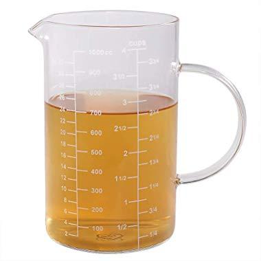 Glass Measuring Cup, [Insulated handle, V-Shaped Spout], 77L High Borosilicate Glass Measuring Cup for Kitchen or Restaurant, Easy To Read, 1000 ML (1 Liter, 4 Cup)