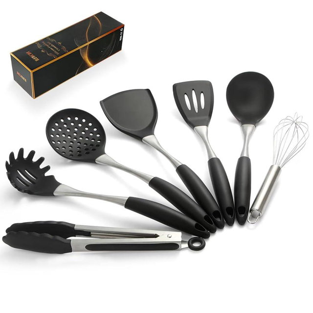 Premium Black Silicone Cooking Utensils Set – Non-Toxic, Ergonomic Curved Handles, Large Size, Dishwasher Safe, with Durable Stainless Steel Kitchen Tools (Black)