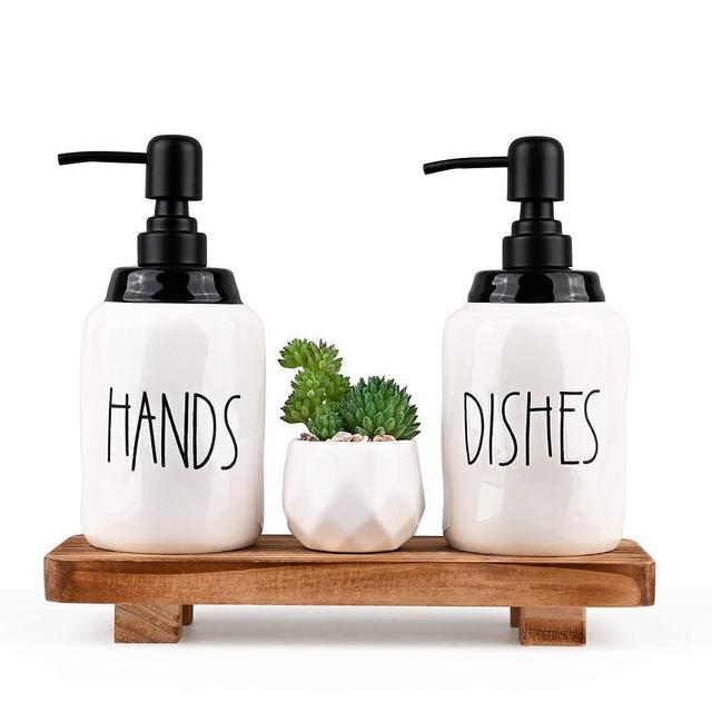 Delimux Ceramic Glass Soap Dispenser Set with Wood Riser Pump Set Farmhouse Wooden Tray Hand Soap and Dish Soap Dispenser for Home Kitchen and Bathroom Decor (Black Pump)