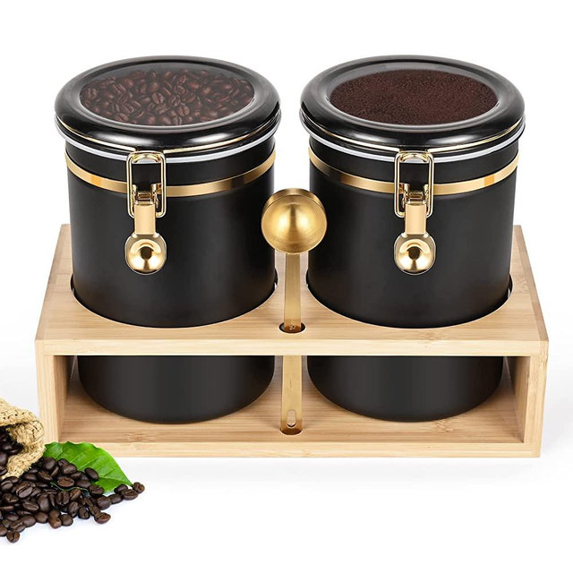Yangbaga 304 Stainless Steel Coffee Containers with Shelf,2 x 66 oz Coffee Bean Storage Jar with Gold Airtight Locking Clamp 、 Spoon, Large Capacity Food Storage Jar for Kitchen