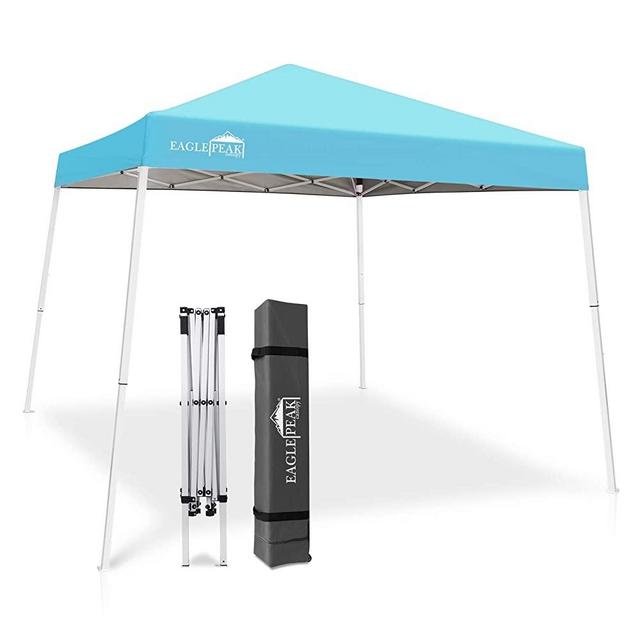 EAGLE PEAK 10' x 10' Slant Leg Pop-up Canopy Tent Easy One Person Setup Instant Outdoor Canopy Folding Shelter with 64 Square Feet of Shade (Light Blue)