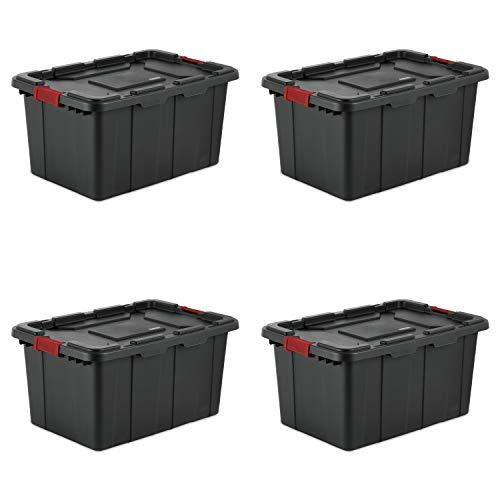 Sterilite 14669004 27 Gallon/102 Liter Industrial Tote, Black Lid & Base w/ Racer Red Latches, 4-Pack
