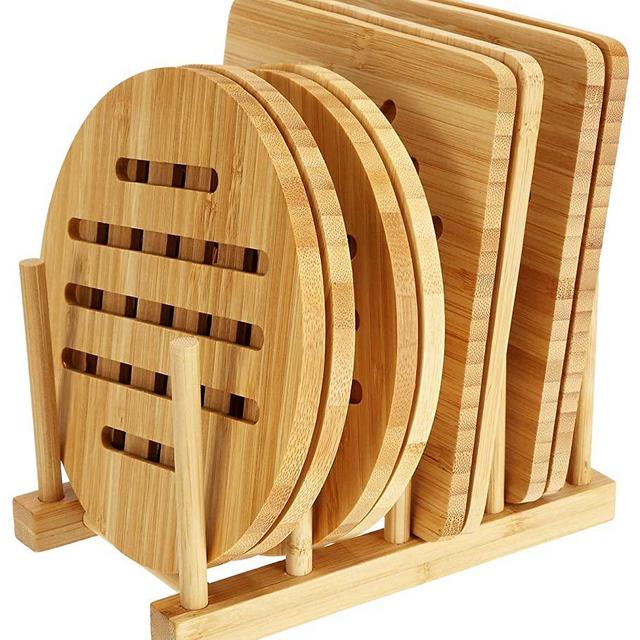Lawei 8 Pack Bamboo Trivets with Dish Rack - Bamboo Trivet Mat Bamboo Hot Pads Trivet for Hot Dishes, Pot, Bowl, Teapot