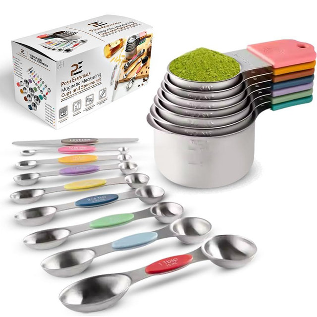 POSH ESSENTIALS 15 PCS Magnetic Measuring Spoons & Cups Set - 18/8 Food Grade Stainless Steel, Double Sided, Dishwasher Safe - Easy Read & Stackable for Effortless Storage