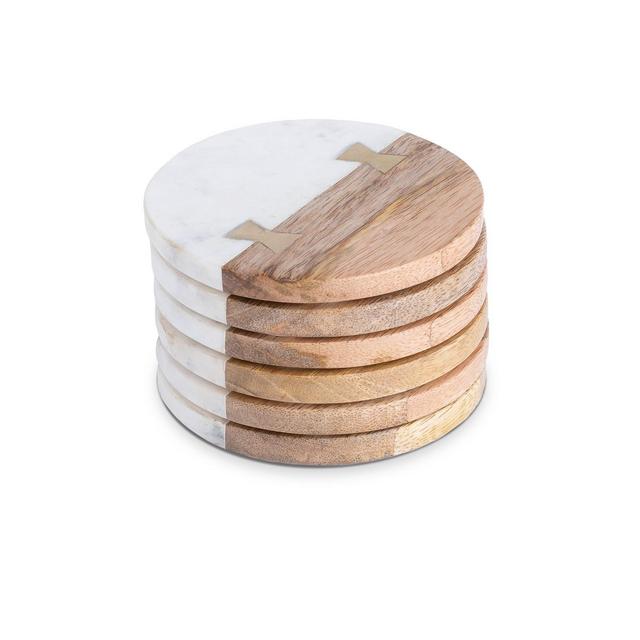 Thirstystone Round Marble and Wood Coasters with Inlay, Set of 6