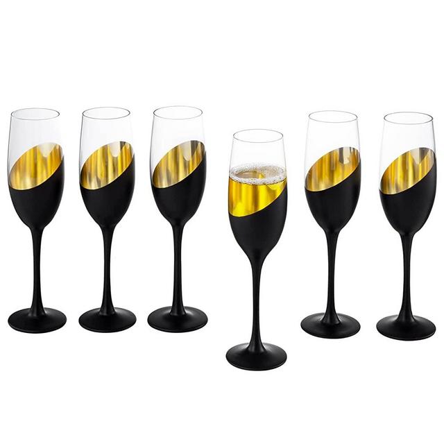 MyGift Modern Stemmed Champagne Flute Glasses Set of 6 with Matte Black and Gold Plated Design, Toasting Glass Party and Wedding Wine Glass, 8 oz