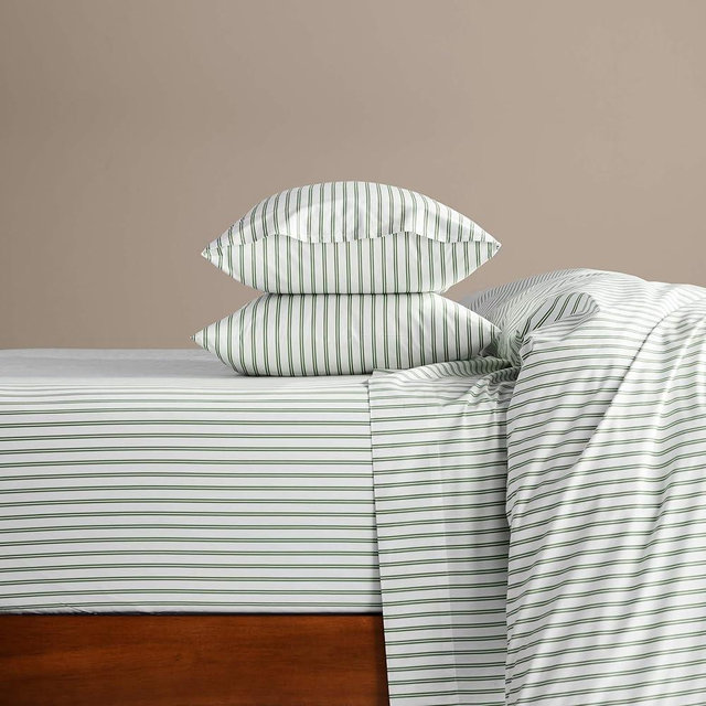 Brooklinen Luxury Sateen 4 Piece King Size Sheet Set in Green Tandem Stripe - 100% Cotton Sateen Sheets - 1 Fitted Sheet, 1 Flat Sheet, 2 Pillowcases - Best Luxury Sheets