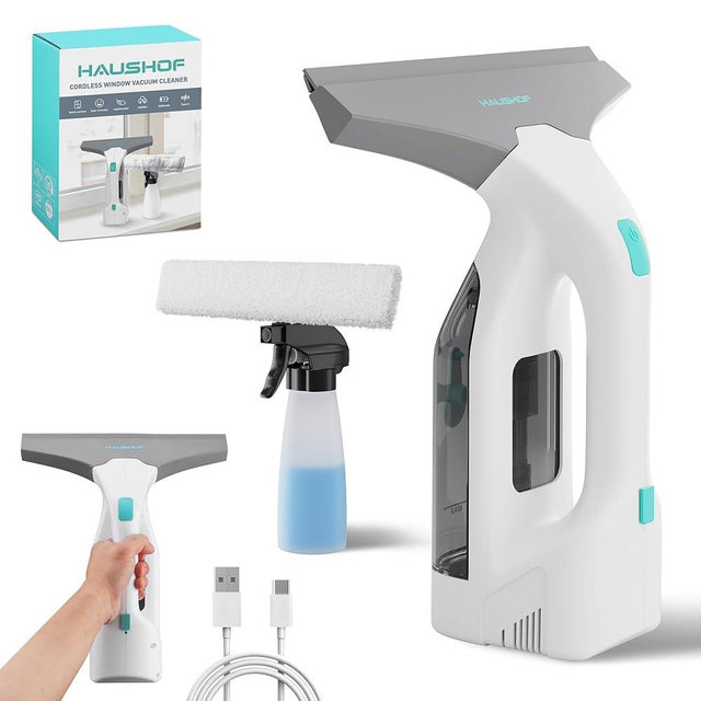 HAUSHOF Electric Window Vacuum Squeegee 11", Vacuum Squeegee Cordless Cleaner Tool Set, Window Vac with 300ml Spray Bottle & 100ml Water Tank for Mirror, Countertop, Showers