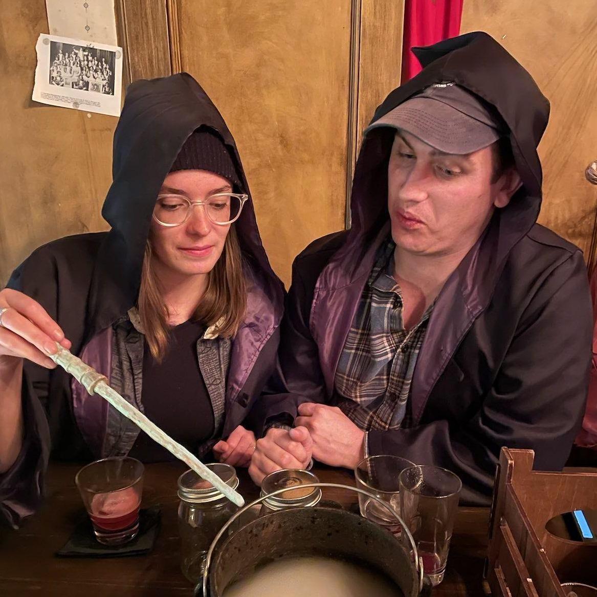 Sam and Justin mix potions at the Cauldron bar in NYC with Maddy Crews, a bridesmaid and the groom's sister (November 2022).