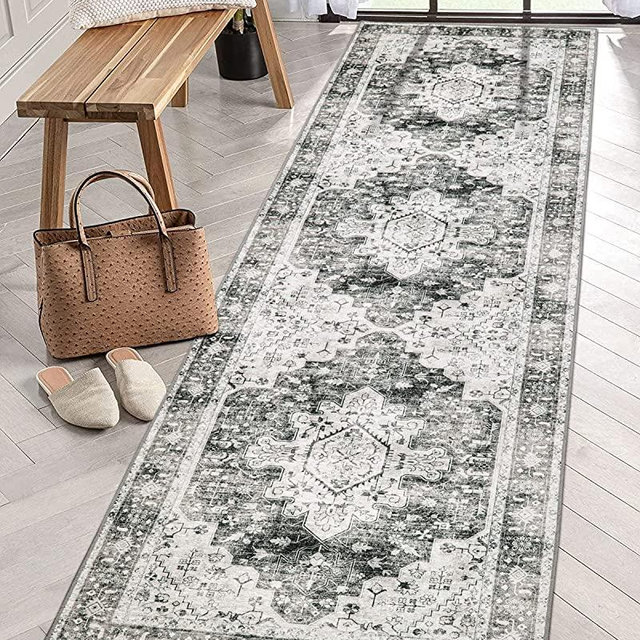Moynesa Ultra-Thin Washable Runner Rug - 2'6"x8 Gray Hallway Runner Rug Vintage Kitchen Runner Mat, Non Slip Non Shedding Pet Friendly Bathroom Carpet Runner for Coffee Bar Vanity Entryway