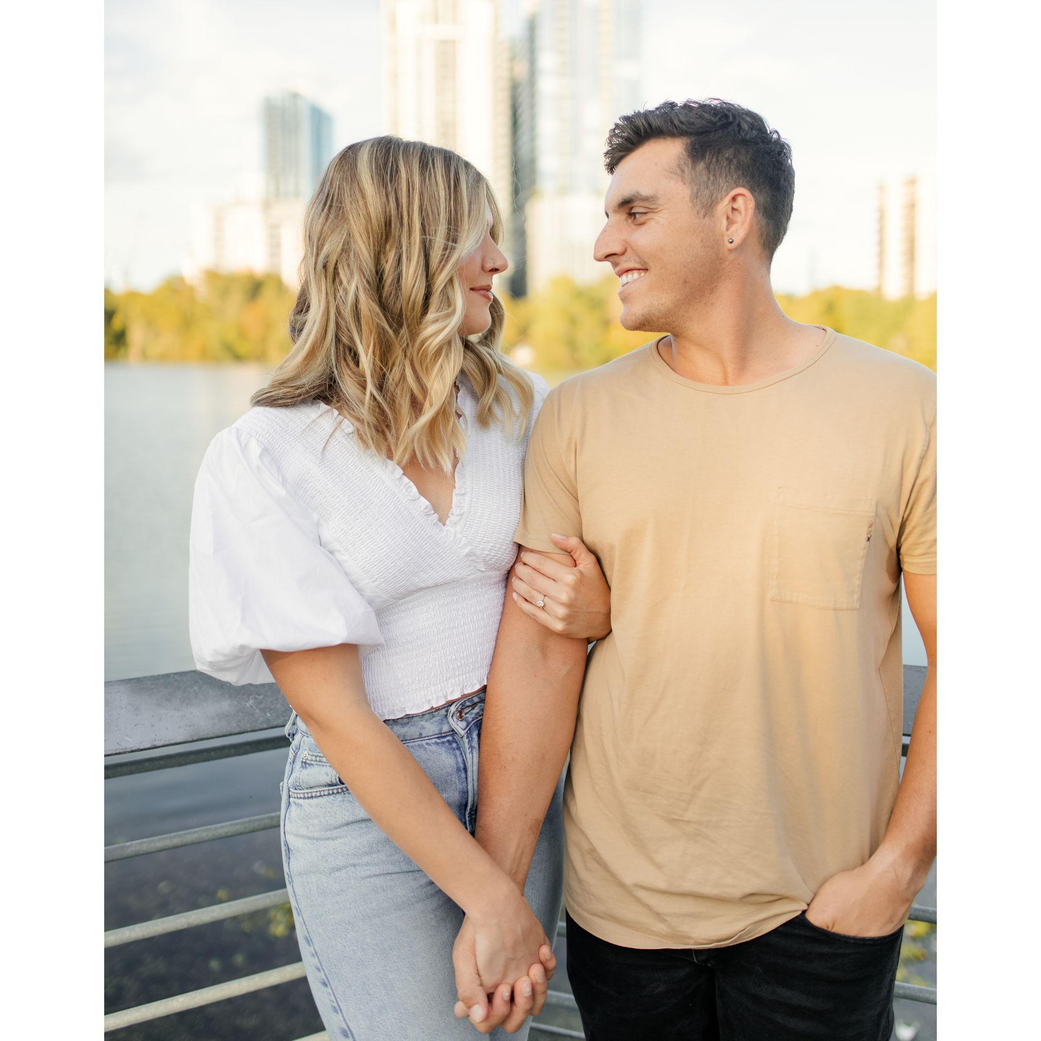 We had such a fun time at our engagement shoot in downtown Austin! This picture was taken on a trail that Zach and I love to run on. It holds a special place in our hearts!