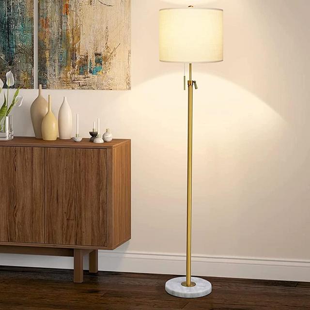 Floor Lamp Modern Marble 54" and 65" Adjustable for Living Room with White Linen Lamp Shade, Modern Brass Standing Light Gold Light Pole Floor Lamp for Bedroom, Study Room, Hotel