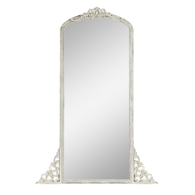 PexFix 21 in. W x 64 in. H Rustic Arched Solid Wood Framed DIY Carved Full Length Mirror in Weathered White