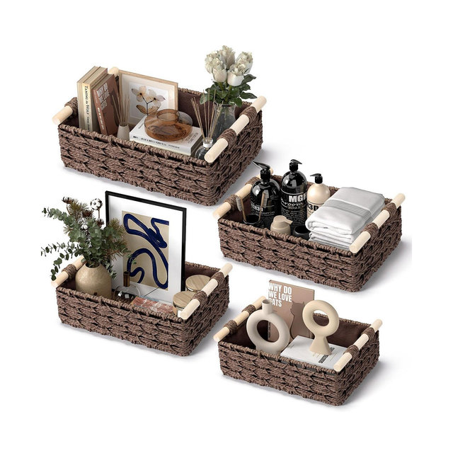 Woven Storage Baskets with Wooden Handles, Set of 4