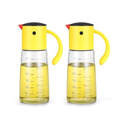 Olive Oil Dispenser Bottle for Kitchen Cooking - Auto Flip Condiment Container With Automatic Cap and Stopper - Leakproof Vinegar Glass Cruet Stainless Steel Non-Drip Spout (Set of 2)