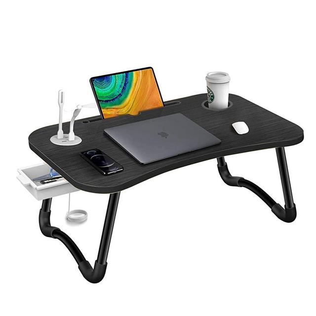 HLHome Laptop Bed Desk,Portable Foldable Laptop Bed Tray Table with USB Charge Port/Cup Holder/Storage Drawer,for Bed /Couch /Sofa Working, Reading(Black)