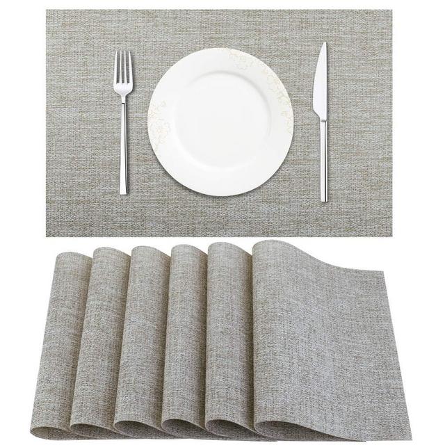 BETEAM Placemats, Heat-Resistant Placemats Stain Resistant Anti-Skid Washable PVC Table Mats Woven Vinyl Placemats, Set of 6(Beige White)
