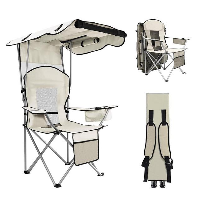 BDL Camping Chair with Canopy Shade Portable Folding Beach Chairs with Cooler, Mesh Backrest, Cup Holder, and Pocket for Camping, Fishing, Beach, and Sports,White