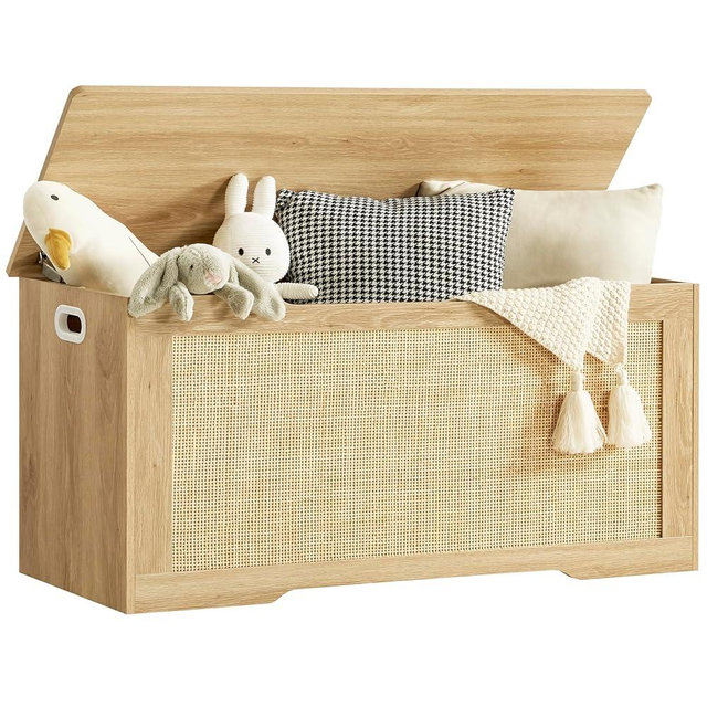 usikey 39.4” Storage Chest, Toy Box with 2 Safety Hinges, Rattan Storage Bench with Storage, Toy Chest for Bedroom, Shoe Bench, Supports 220 lb, for Living Room, Entryway, Natural