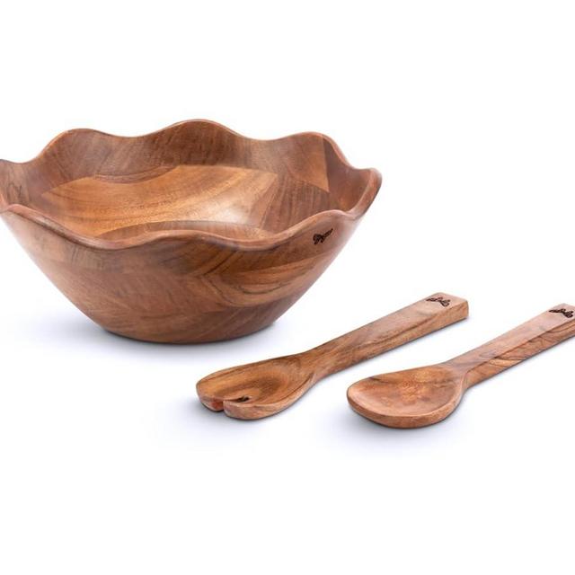 Melvvi Wooden Salad Bowl Set with Serving Utensils Set of 3 | Large Acacia Wood Serving Bowl for Fruits & Salad |12" Big Salad Bowl with Servers | Mixing Bowls | Thanksgiving & Christmas Gifts